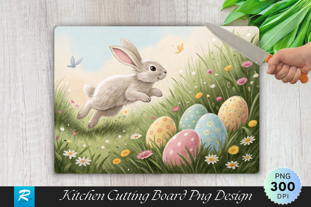 Bunny Jumping Through a Field with Pastel Easter Eggs Cutting Board PNG Design Sublimation Regulrcrative 
