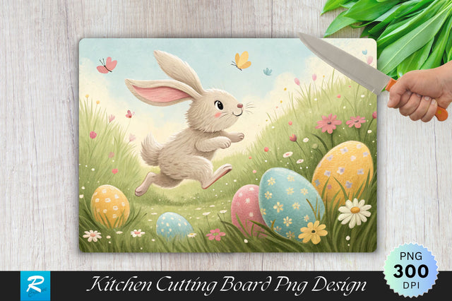 Bunny Jumping Through a Field with Pastel Easter Eggs Cutting Board PNG Design Sublimation Regulrcrative 