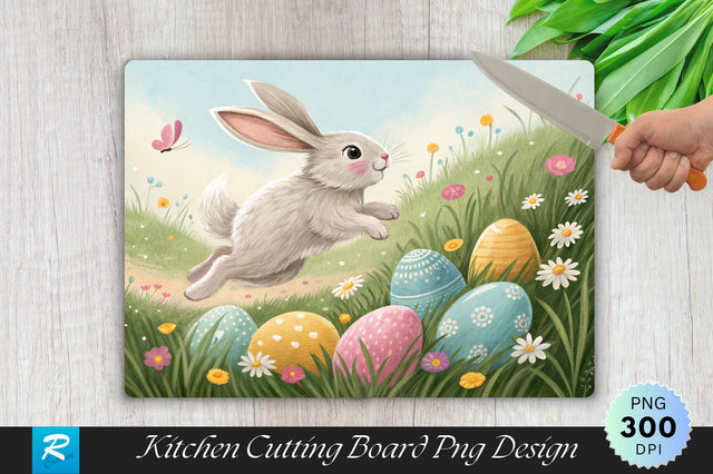 Bunny Jumping Through a Field with Pastel Easter Eggs Cutting Board PNG Design Sublimation Regulrcrative 
