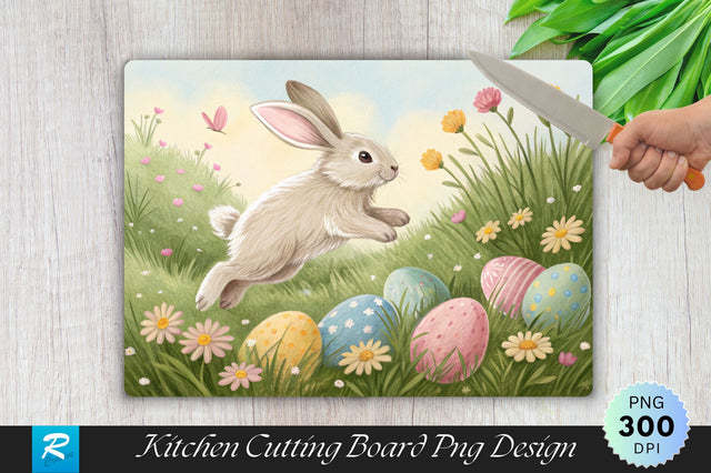 Bunny Jumping Through a Field with Pastel Easter Eggs Cutting Board PNG Design Sublimation Regulrcrative 