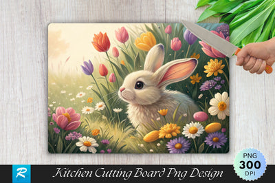 Bunny Nestled in Spring Flowers Cutting Board PNG Design Sublimation Regulrcrative 