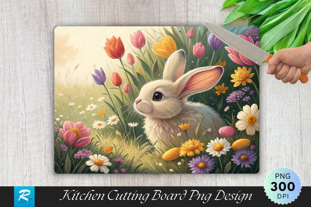 Bunny Nestled in Spring Flowers Cutting Board PNG Design Sublimation Regulrcrative 