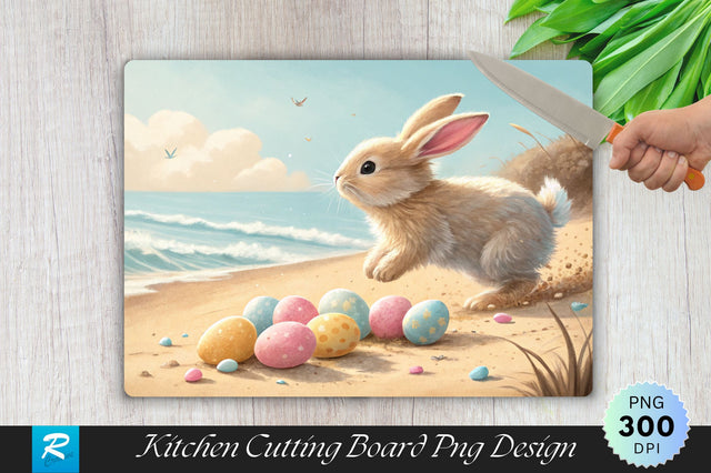 Bunny on the Beach Easter Eggs Cutting Board PNG Design Sublimation Regulrcrative 