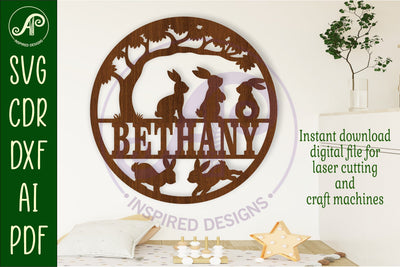 Bunny silhouette name sign svg laser cut template SVG APInspireddesigns 