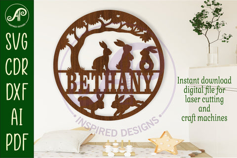 Bunny silhouette name sign svg laser cut template SVG APInspireddesigns 