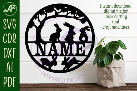 Bunny silhouette name sign svg laser cut template SVG APInspireddesigns 
