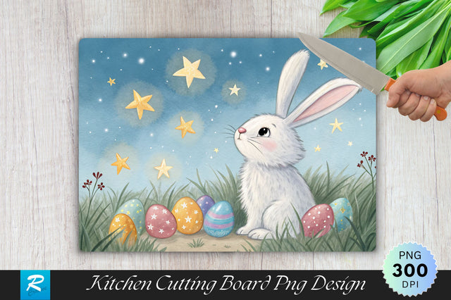Bunny Surrounded by Twinkling Stars and Easter Eggs Cutting Board PNG Design Sublimation Regulrcrative 