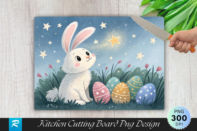 Bunny Surrounded by Twinkling Stars and Easter Eggs Cutting Board PNG Design Sublimation Regulrcrative 