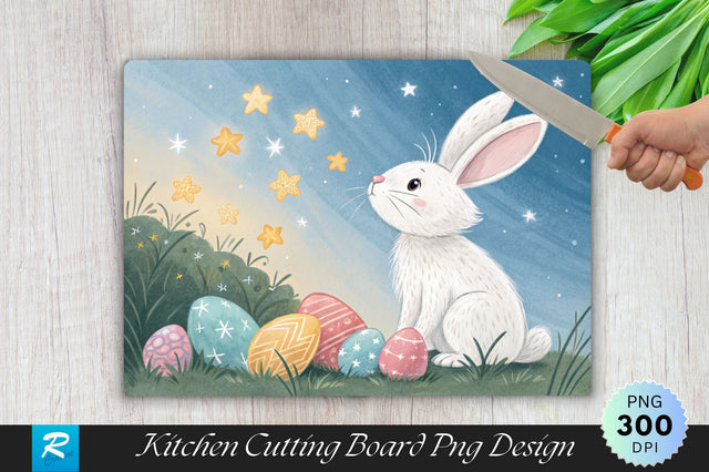Bunny Surrounded by Twinkling Stars and Easter Eggs Cutting Board PNG Design Sublimation Regulrcrative 