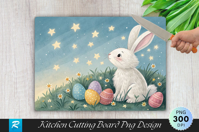 Bunny Surrounded by Twinkling Stars and Easter Eggs Cutting Board PNG Design Sublimation Regulrcrative 