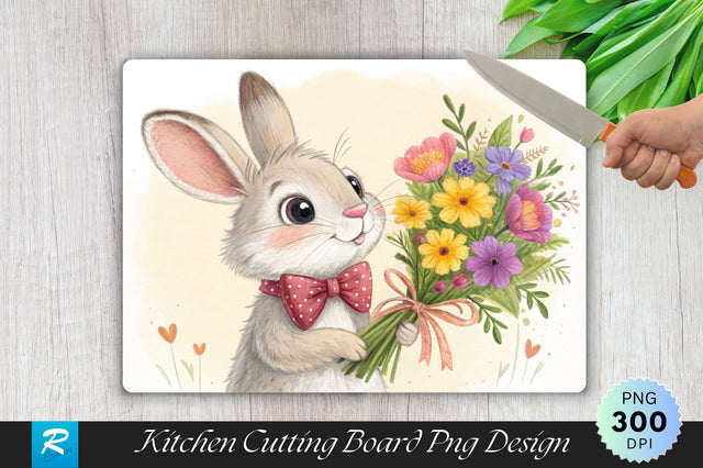 Bunny with Bow Tie and Bouquet Cutting Board PNG Design Sublimation Regulrcrative 
