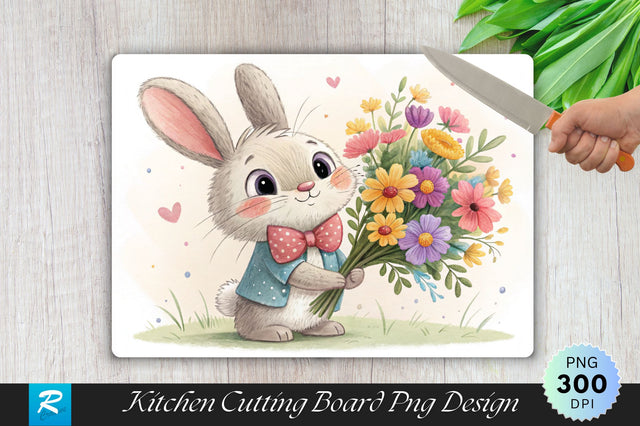 Bunny with Bow Tie and Bouquet Cutting Board PNG Design Sublimation Regulrcrative 