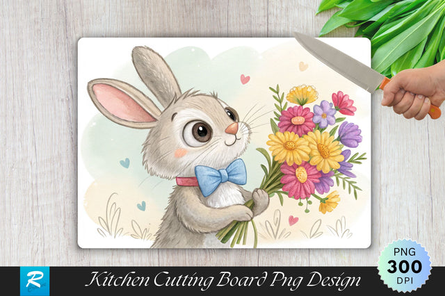Bunny with Bow Tie and Bouquet Cutting Board PNG Design Sublimation Regulrcrative 