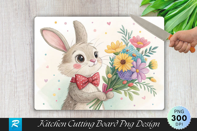 Bunny with Bow Tie and Bouquet Cutting Board PNG Design Sublimation Regulrcrative 