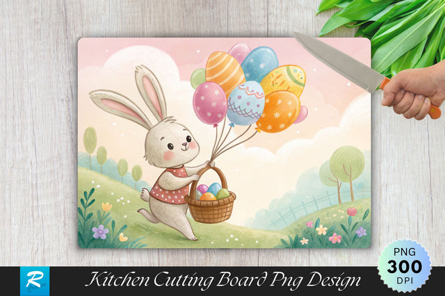 Bunny with Colorful Balloons, Basket of Eggs Cutting Board PNG Design Sublimation Regulrcrative 