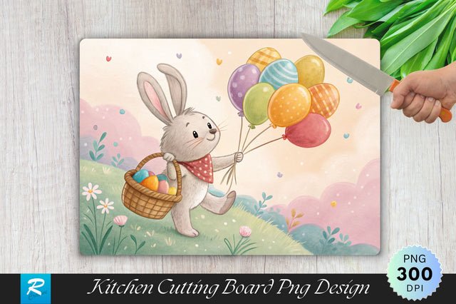 Bunny with Colorful Balloons, Basket of Eggs Cutting Board PNG Design Sublimation Regulrcrative 
