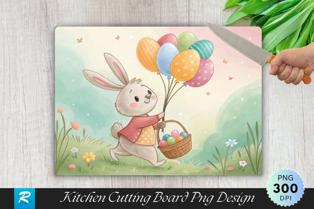 Bunny with Colorful Balloons, Basket of Eggs Cutting Board PNG Design Sublimation Regulrcrative 