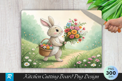 Bunny with Flowers and Basket Cutting Board PNG Design Sublimation Regulrcrative 