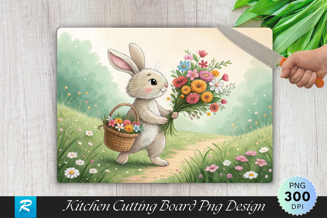 Bunny with Flowers and Basket Cutting Board PNG Design Sublimation Regulrcrative 