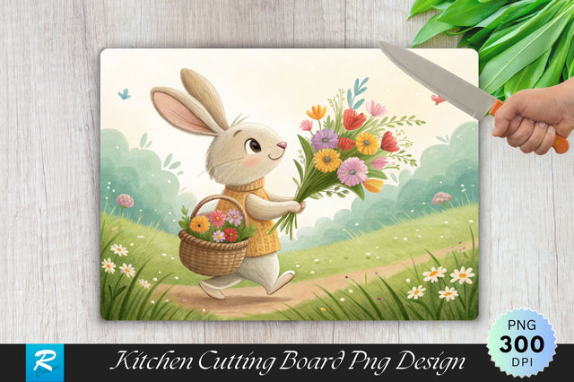 Bunny with Flowers and Basket Cutting Board PNG Design Sublimation Regulrcrative 