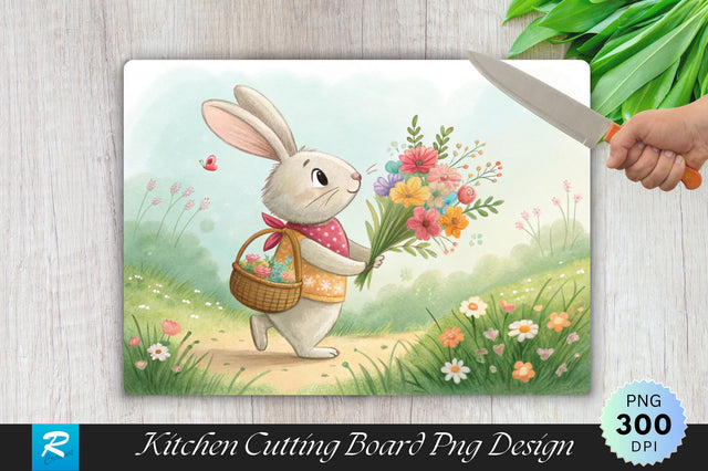 Bunny with Flowers and Basket Cutting Board PNG Design Sublimation Regulrcrative 