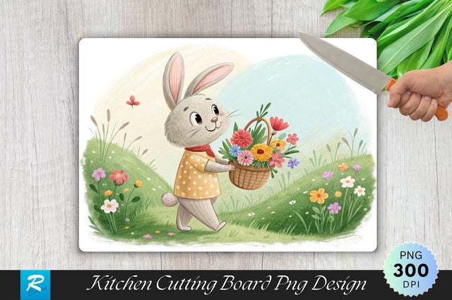 Bunny with Flowers and Basket Cutting Board PNG Design Sublimation Regulrcrative 