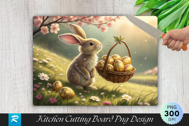 Bunny with Large Ears and Easter Egg Basket Cutting Board PNG Design Sublimation Regulrcrative 