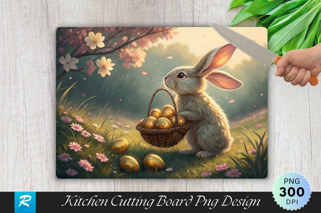 Bunny with Large Ears and Easter Egg Basket Cutting Board PNG Design Sublimation Regulrcrative 