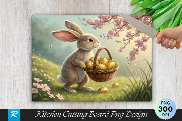 Bunny with Large Ears and Easter Egg Basket Cutting Board PNG Design Sublimation Regulrcrative 