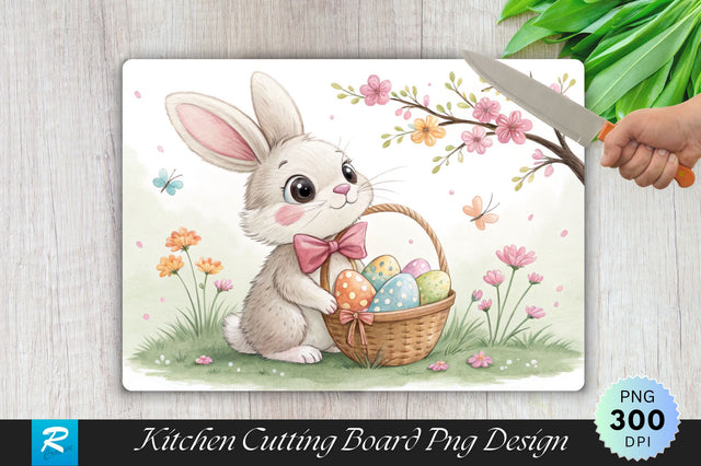 Bunny with Pastel Bowtie and Easter Basket Cutting Board PNG Design Sublimation Regulrcrative 