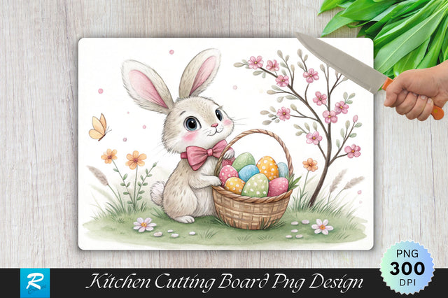 Bunny with Pastel Bowtie and Easter Basket Cutting Board PNG Design Sublimation Regulrcrative 