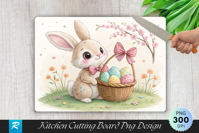 Bunny with Pastel Bowtie and Easter Basket Cutting Board PNG Design Sublimation Regulrcrative 