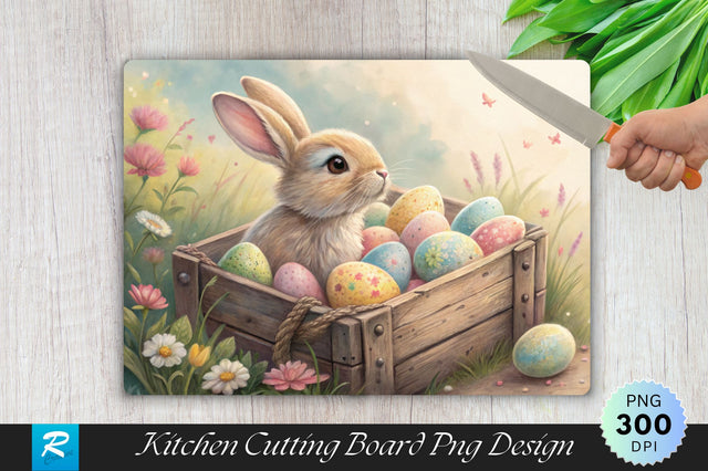 Bunny with Pastel Easter Eggs in a Wooden Crate Cutting Board PNG Design Sublimation Regulrcrative 