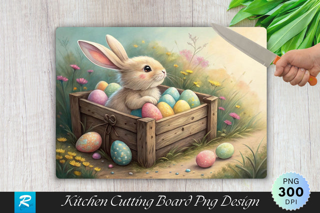 Bunny with Pastel Easter Eggs in a Wooden Crate Cutting Board PNG Design Sublimation Regulrcrative 