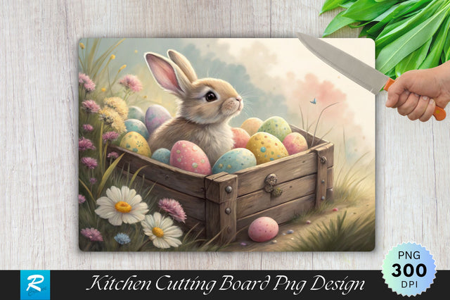Bunny with Pastel Easter Eggs in a Wooden Crate Cutting Board PNG Design SVG Regulrcrative 