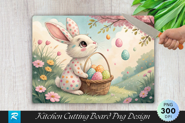 Bunny with Pastel Polka Dots and Easter Eggs Cutting Board PNG Design Sublimation Regulrcrative 