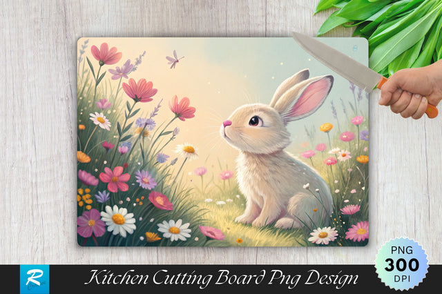 Bunny with Pink Nose and Flowers on a Cutting Board PNG Design Sublimation Regulrcrative 