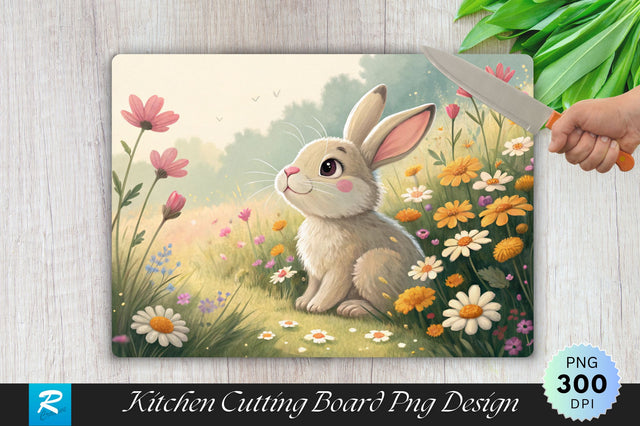 Bunny with Pink Nose and Flowers on a Cutting Board PNG Design Sublimation Regulrcrative 