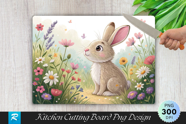 Bunny with Pink Nose and Flowers on a Cutting Board PNG Design Sublimation Regulrcrative 