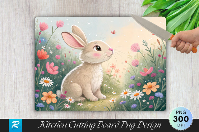 Bunny with Pink Nose and Flowers on a Cutting Board PNG Design Sublimation Regulrcrative 