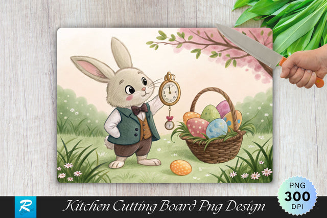 Bunny with Pocket Watch and Egg Basket Cutting Board PNG Design Sublimation Regulrcrative 