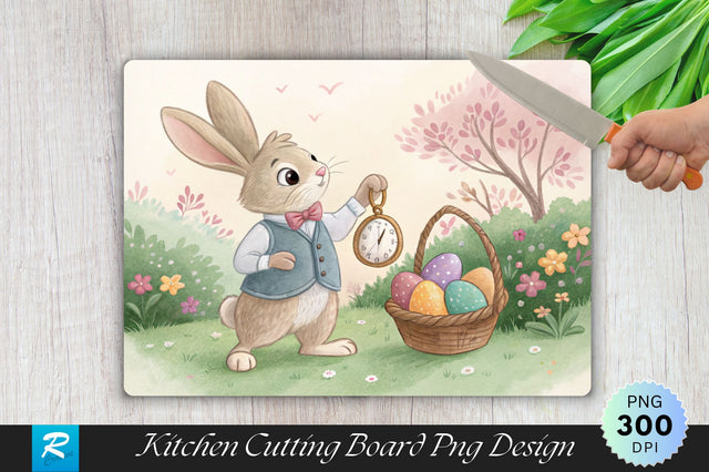Bunny with Pocket Watch and Egg Basket Cutting Board PNG Design Sublimation Regulrcrative 