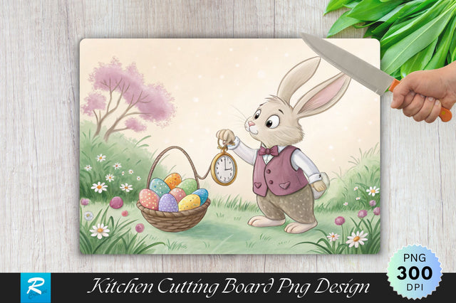 Bunny with Pocket Watch and Egg Basket Cutting Board PNG Design Sublimation Regulrcrative 