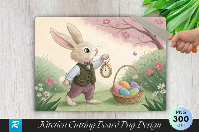 Bunny with Pocket Watch and Egg Basket Cutting Board PNG Design Sublimation Regulrcrative 