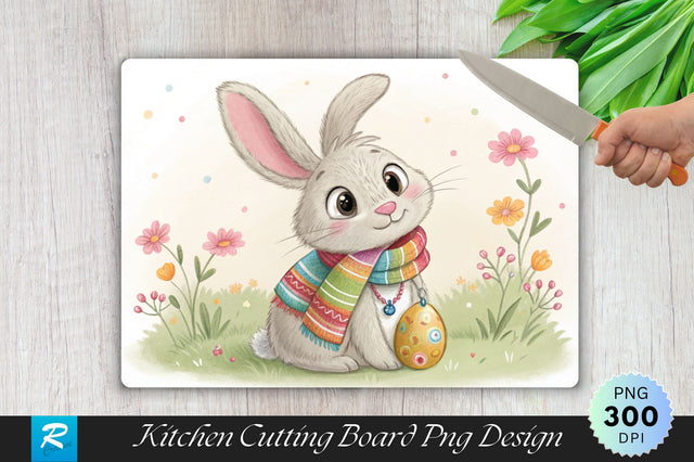 Bunny with Scarf and Easter Egg Necklace Cutting Board PNG Design Sublimation Regulrcrative 