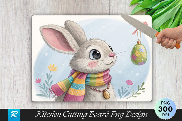 Bunny with Scarf and Easter Egg Necklace Cutting Board PNG Design Sublimation Regulrcrative 