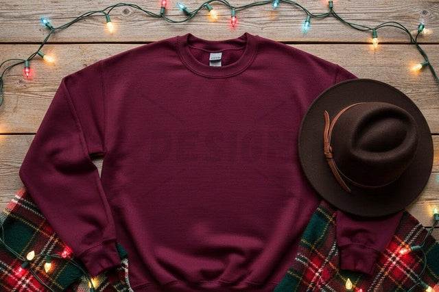 Burgundy crew neck sweatshirt with plaid shirt and cowboy hat Mock Up Photo Designangry 
