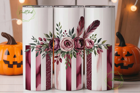 Burgundy Floral Glitter Tumbler Wrap Sublimation PixelChick 
