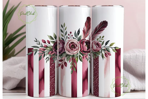 Burgundy Floral Glitter Tumbler Wrap Sublimation PixelChick 