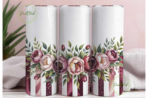 Burgundy Floral Glitter Tumbler Wrap Sublimation PixelChick 